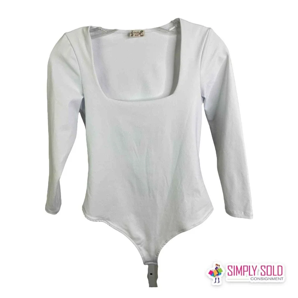 Free People Truth Or Square Womens S White Bodysuit Long Sleeve Stretch Top‎